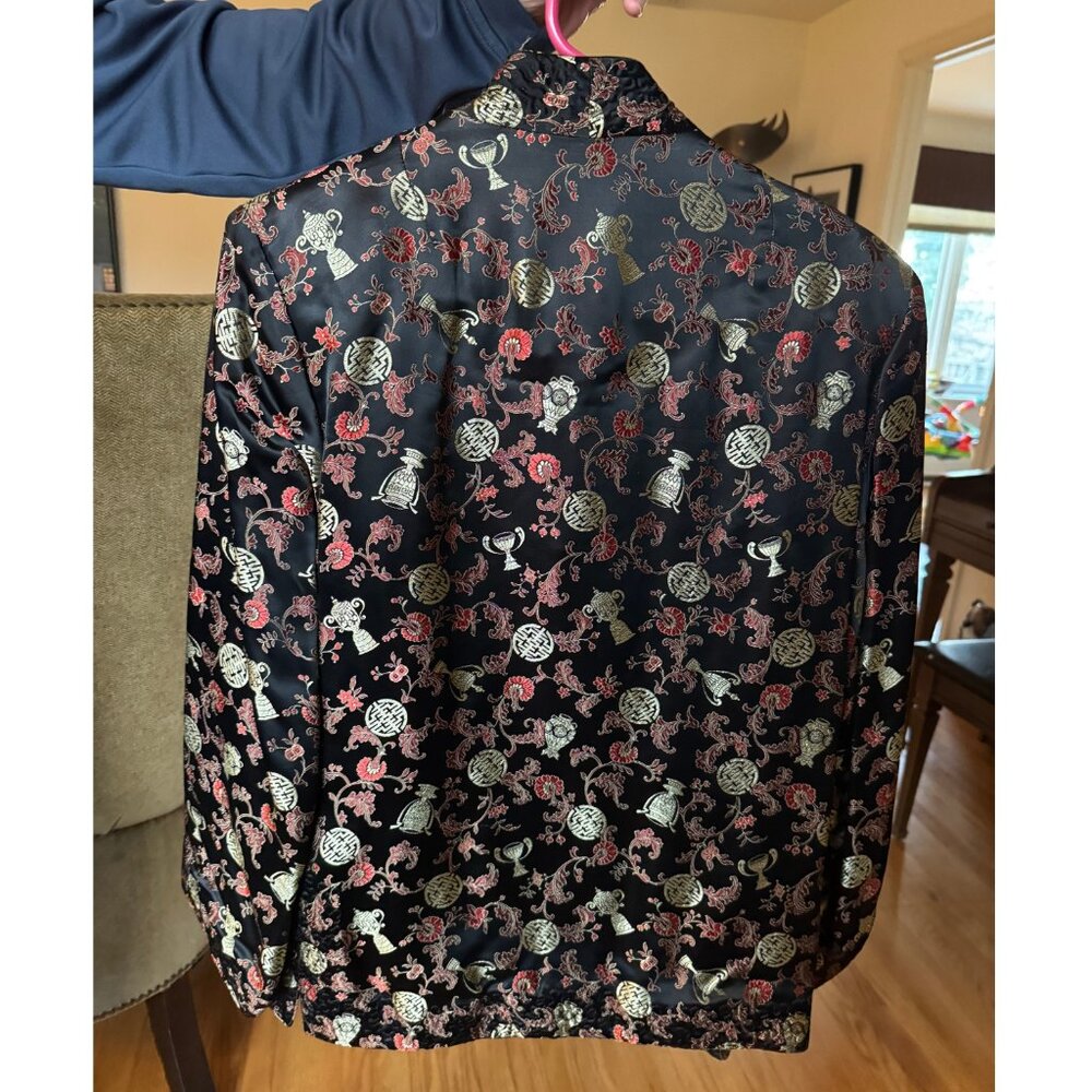 Vintage Reversible Chinese Brocade Jacket Frog Closures Black & Pink - Picture 2 of 9